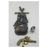CAST IRON DEER MATCH HOLDER ONE ANTLER BROKE