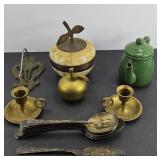 BRASS APPLE BELL, CANDLEHOLDERS, SILVERPLATE