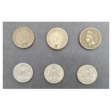 (3) SILVER MERCURY DIMES, (3) INDIAN HEAD PENNIES