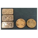 (3) 1 OZ COPPER BARS (2) 1 OZ COPPER ROUNDS