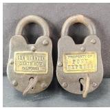 (2) CAST IRON LOCKS PONY EXPRESS SAN QUENTIN