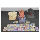 BASEBALL CARDS, RACECAR DECANTER & HATS