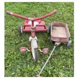 RETRO RED TRICYCLE & RADIO FLYER WAGON,NO WHEELS