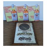 (3) METAL JIM BEAM SIGNS & JAMESON CLOCK