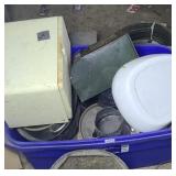 LARGE TOTE OF PANS & BREADBOX