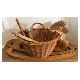 WOOD ROCKING HORSE, BASKET, WEAVING SPOOLS