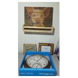 CLOCK, SMALL SHELF, ARTWORK
