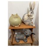 RESIN RABBIT, CERAMIC CAT & DOOR STOP DOG W/ STOOL