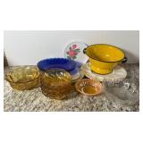 AMBER DISHES, SMALL FIREKING BOWL, STRAINER