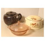 ANTIQUE BEAN POT, COVERED CASSEROLE, PINK SERVING