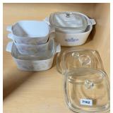 CORNING WARE CASSEROLE DISHES, SOME LIDS