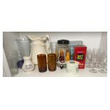 TINS, WINE GLASSES, PITCHER, VASES & MORE