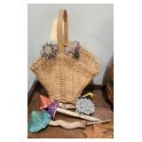 BASKET OF MUSHROOM DECOR, GLASS & OTHER