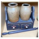 (2) CROCK JARS & WOOD PAPER TOWEL HOLDER