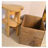 WOOD CRATE & (2) HEART STOOLS