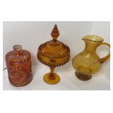 CARNIVAL COVERED JAR, & AMBER COMPOTE & VASE