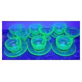 URANIUM GREEN DEPRESSION CUPS, SAUCERS, DESSERTS