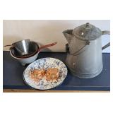 GALVANIZED COFFEE POT W/ PLATES & MORE