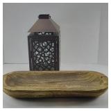 CARVED WOOD BOWL, LANTERN