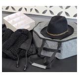 STETSON HAT, HATBOX WITH FEDORS, SOCK SORTER