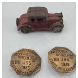 CAST IRON CAR & (2) CALIFORNIA BADGES