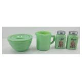 JADITE GREEN GREASE BOWL, MEASURING CUP, SHAKERS