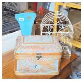 ART GLASS VASE, BASKET, WIRE DECOR