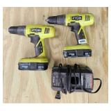 (2) RYOBI 18 VOLT DRILLS W/ BATTERY & CHARGER