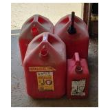 (4) FUEL CANS MISSING 1 SPOUT W/ FUEL