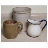 CROCK UTENSIL HOLDER, MUG, ENAMEL PITCHER