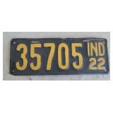 1922 INDIANA LICENSE PLATE