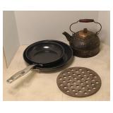 TRIVET, COPPER TEAPOT & SKILLET