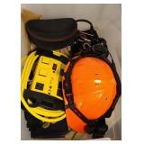 WORK GLOVES, HARD HAT & POWER STRIP