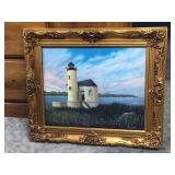 Gilt-Wood Framed Lighthouse/Oil Painting