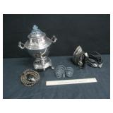 Electric Coffee Pot, 2) Irons and Wire Egg Holder