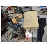 Pallet With Camp Stove, Cooler, Rolled Tin,