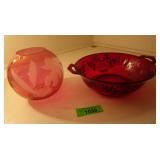 Red Etched Floral Vase, Silver Overlay Red Bowl