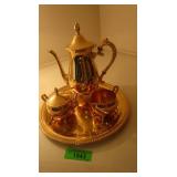 Gold Plated Tea Set, Teapot, Cream & Sugar, Tray
