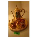 Gold Plated Tea Set, Teapot, Cream & Sugar, Tray