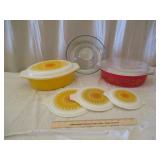 Sunflower & Red/Gold Covered Dishes, Glass Pyrex