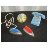 Vintage Tin Phone, Spin Top And Irons