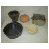 3) Round Cake Pans, Square Food Servers, Pottery