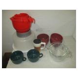 Pyrex Measuring Cups, 4) Red Bowls, 2) Soup Bowls