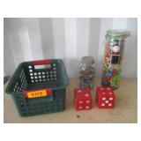 Plastic Tote, Dice, Jar of Beads, Jar of Plastic