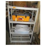 Shelving Unit, Fan and Toolbox