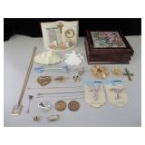 Wood Jewel Box, Angel Pins, Medallions,