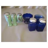 Jadeite Salt And Pepper Sets, Blue Glass Salt &