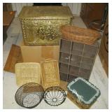 Gold Colored Trunk, Baskets and Wood Shelf