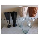 (2) 18" Black Candle Holders, (3) Glass Vases,