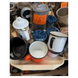 3 Metal Tea Pots & 8 Enamel Cups W/handles